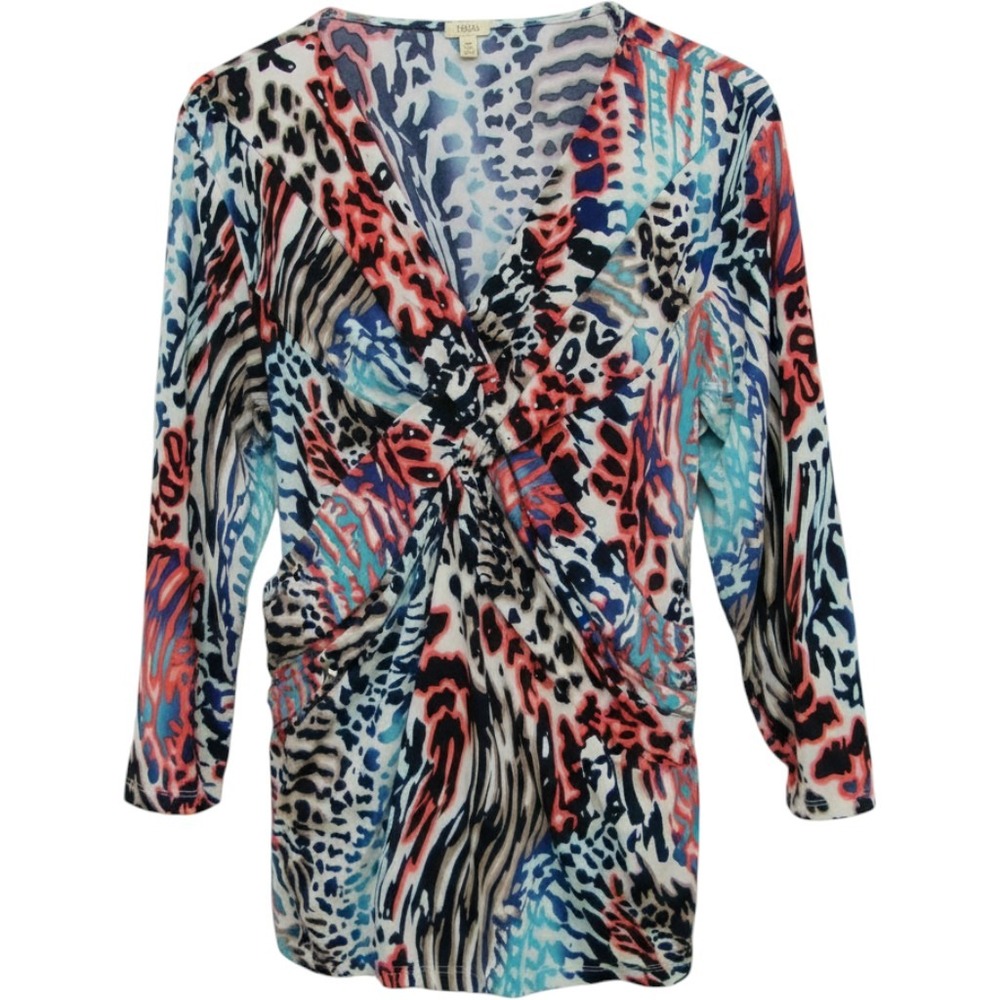 Reba Women's XL Blue Coral Mixed Animal Print Twist Front V-Neck 3/4 Sleeve Top